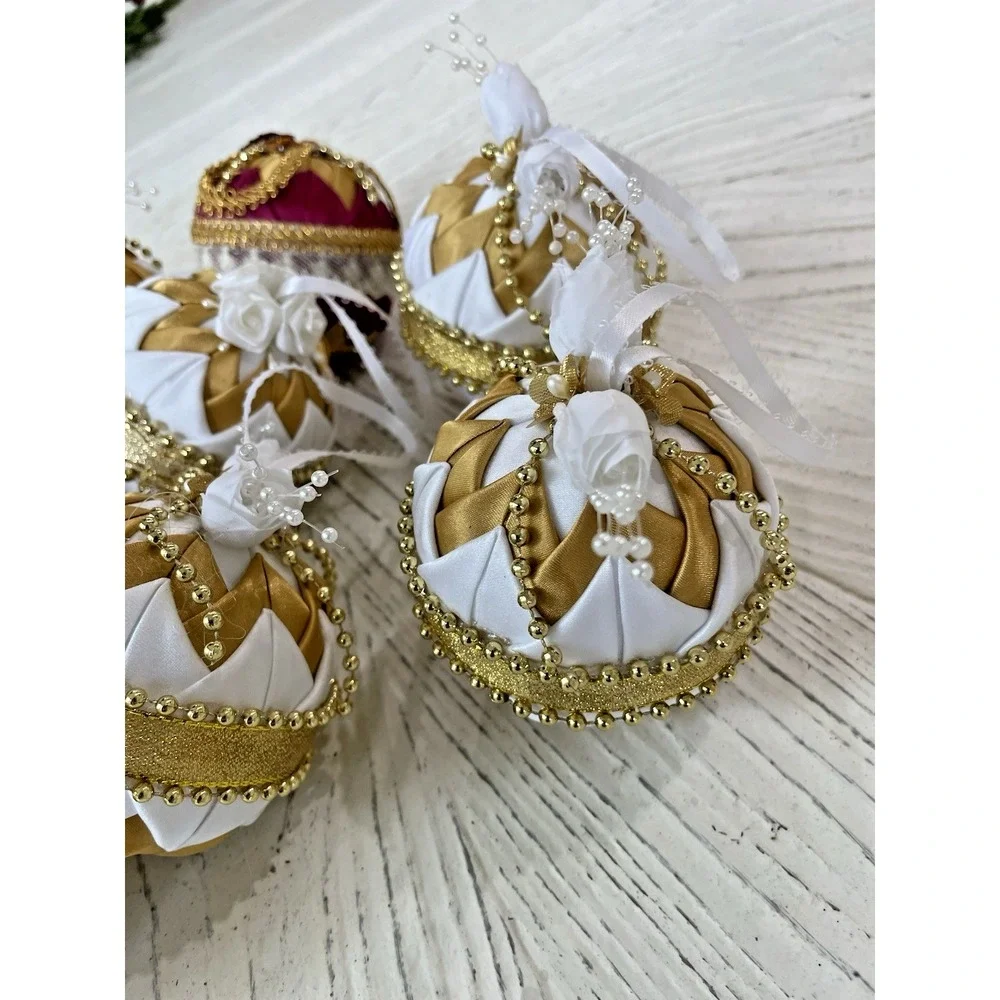 Vtg Handmade Folded Star Quilted Fabric Christmas Ornaments Gold White Lot of 10